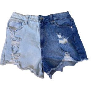 NWOT NO BOUNDARIES Women 28 Two Tone High Rise Distressed Stretch Denim Shorts